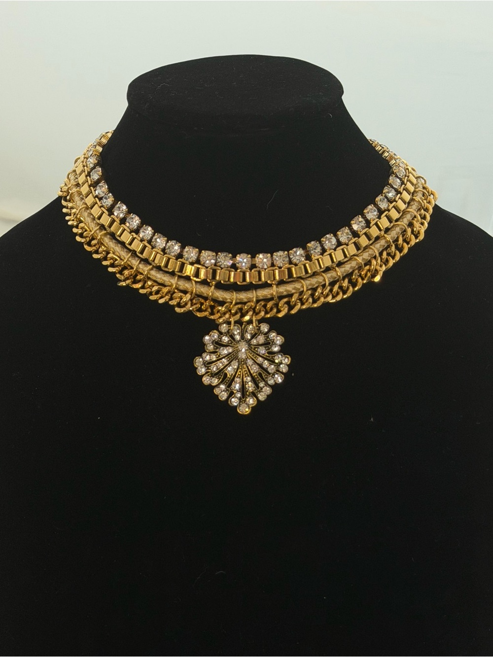 Yochi NYC Vintage Gold Rhinestone Layered Choker Necklace with Pendant, NWT